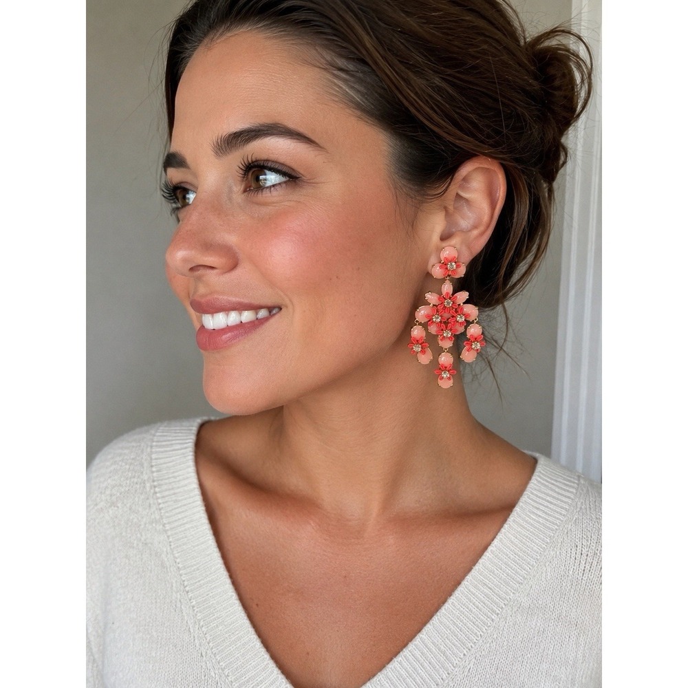 J.Crew Rare Pink Floral Cascade Chandelier Earrings Rhinestone Statement
